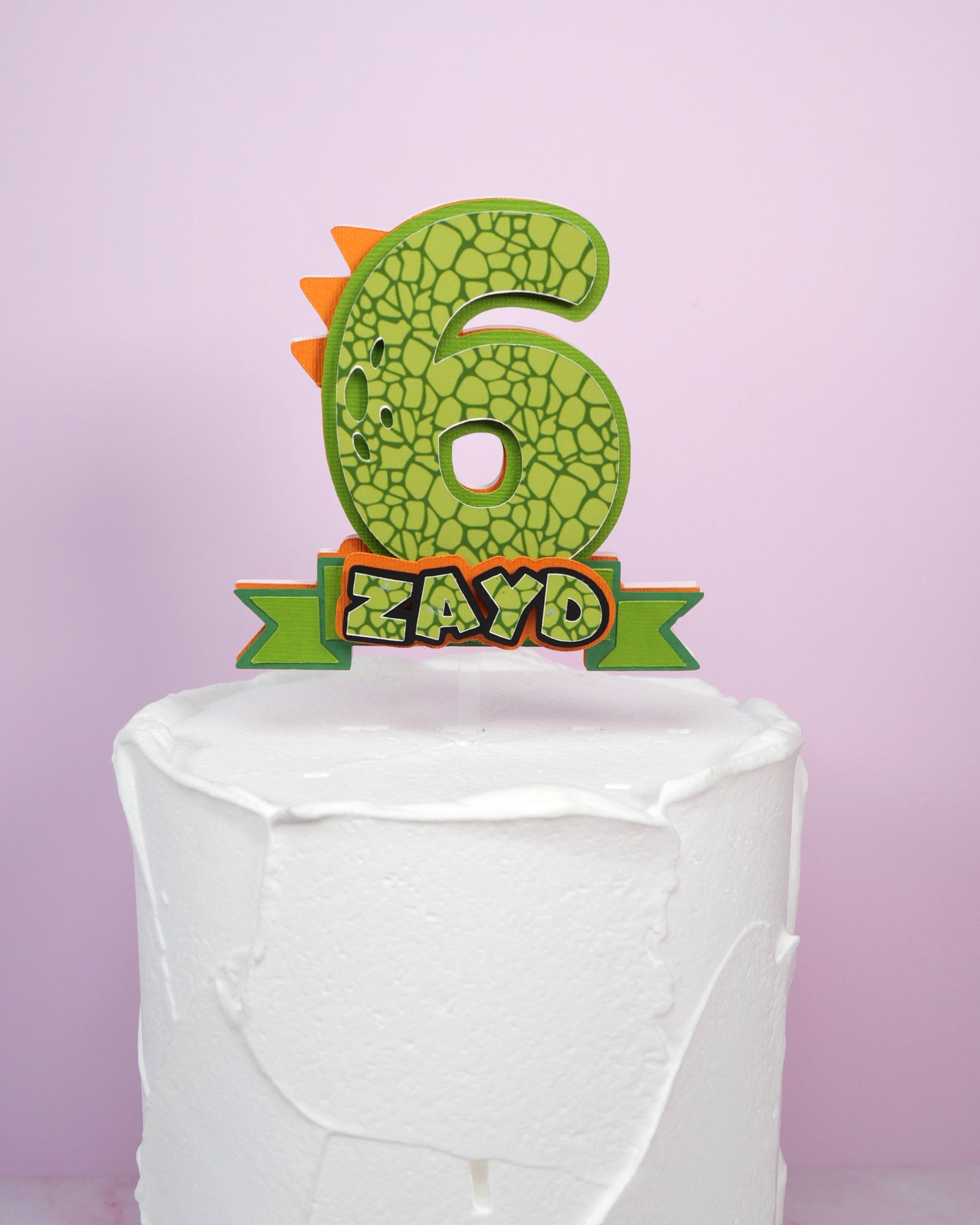 top or front cake topper Green dinosaur theme  birthday cake topper for boys with custom name and age, handmade paper decoration for jungle or dino-themed party.